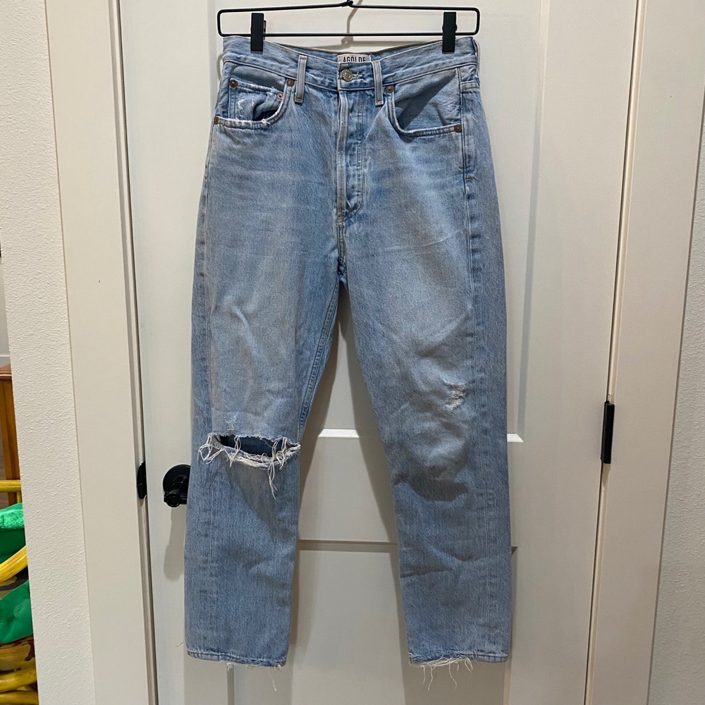 AGOLDE 90s Crop Mid Rise Loose Fit Jeans Light Wash Distressed Blue Denim
